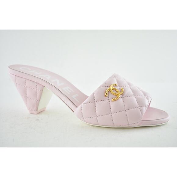 Chanel 22P Light Pink Lambskin Quilted CC Logo Cone Heel Mule Slide Sandal 42 - Picture 2 of 11